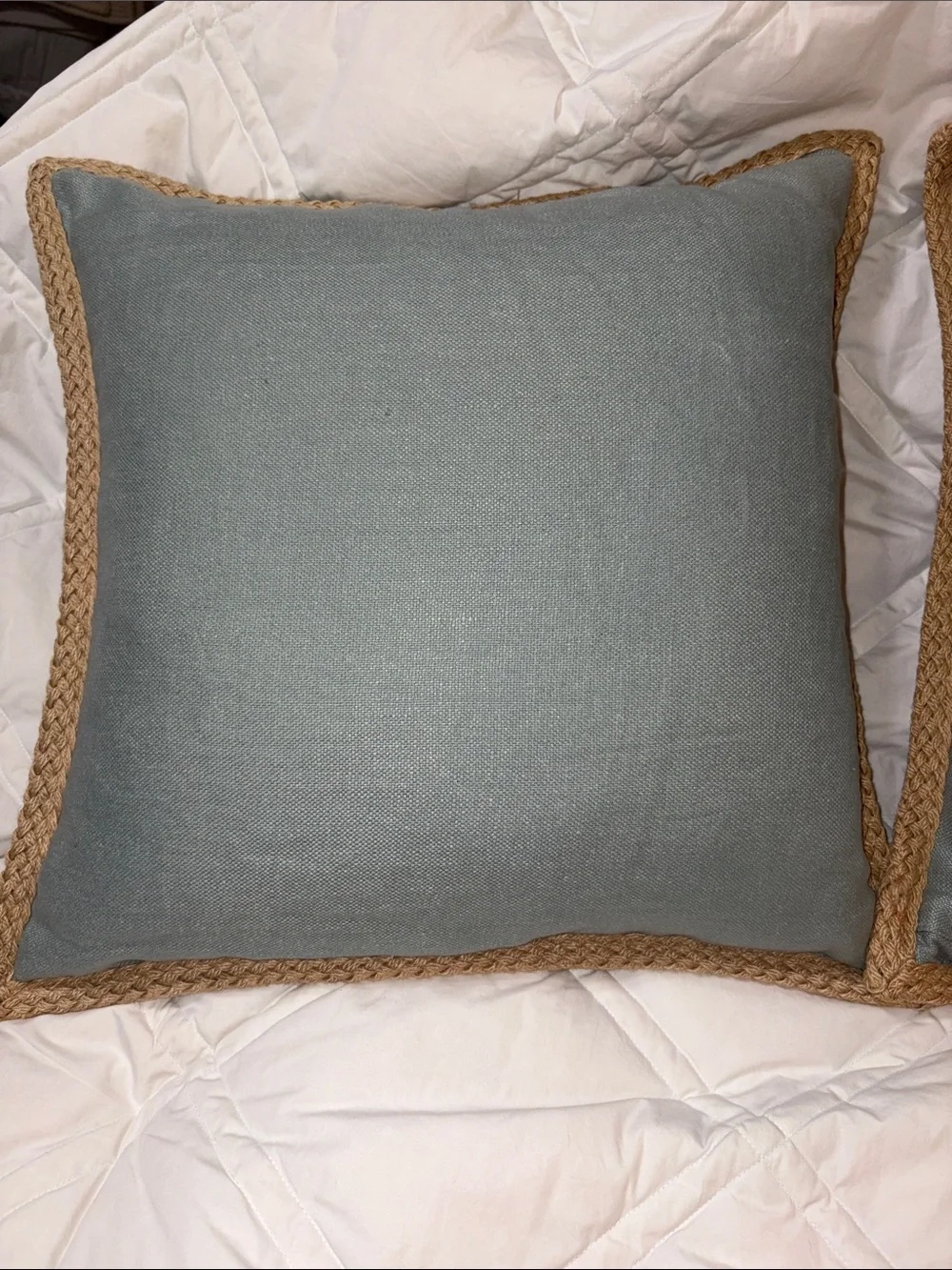 Set of 2 Like new Pottery Barn Linen Jute Trim Pillow & Feather inserts